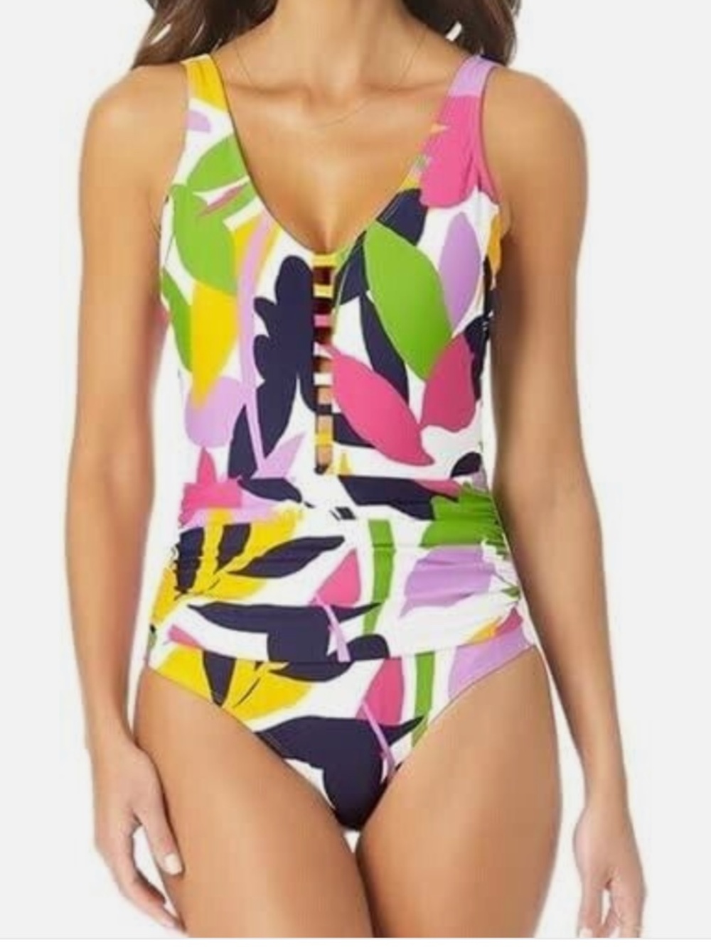 Anne Cole Floral Center Front Tab One-Piece Lush Garden Swimsuit Size 16